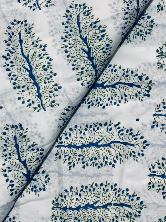 Hand Block Printed Cotton Fabric, Blue Floral Botanical Print, Indian Textile (1 Yard)
