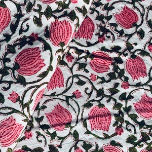 Rosa Blumendruck Handblockdruck Stoff, moderner Polsterstoff, Blockprint Kissenstoff, Serviettenstoff, Tischdecke Stoff