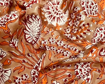 Floral Block Print Cotton Fabric: Bronze, Orange, Maroon - By The Yard