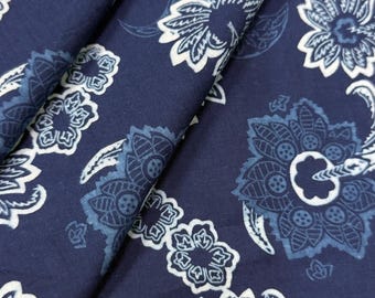 Indigo Blue Floral Dabu Print Cotton Fabric, Indian Block Print Textile