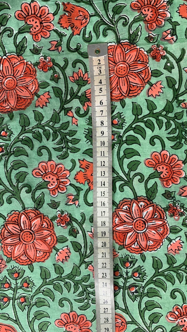 Green Floral Block Printed Cotton Fabric: Indian Fabric by the Yard - Etsy
