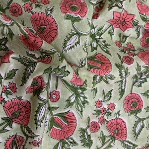 Green Hand block print, floral print, soft cotton fabric, Fabric modern floral fabric Indian print fabric womens dress fabric