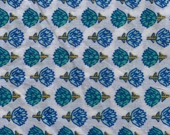 Floral Block Print Cotton Fabric: Light Cyan, Aqua, Green