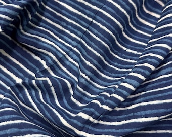 Indian Block Print Cotton Fabric, Blue Indigo Stripes, Dabu Technique by Yard