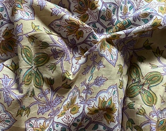 Green Floral Print Fabric By The Yard Indian Hand Block Printed Cotton Voile Fabric, Sewing Clothing Fabric Quilting and Crafting Fabric