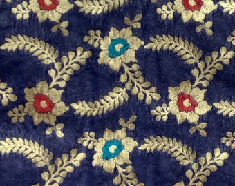 Navy Blue Brocade Fabric: Indian Art Silk with Golden Floral Motifs