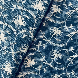By The Yard Indigo Blue Leaf Print Cotton Fabric, Indian Hand Block Printed Natural Vegetable Dye Wood Block Printed indigo block print
