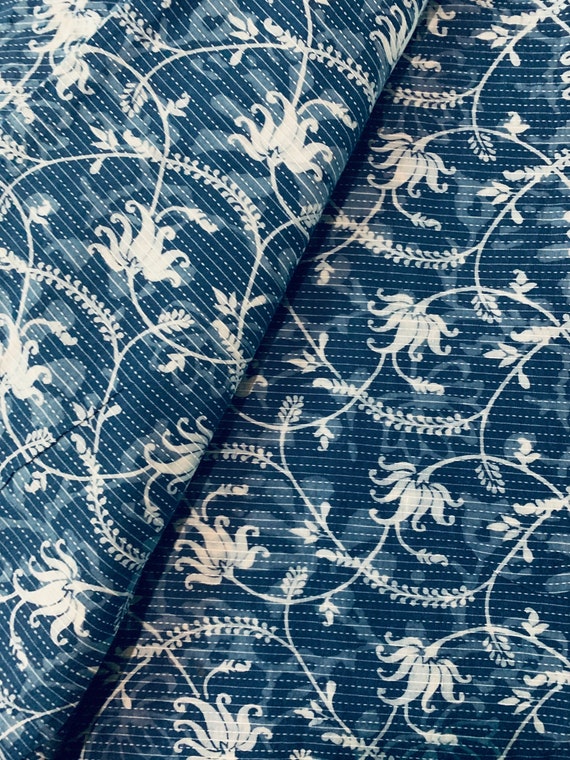By the Yard Indigo Blue Leaf Print Cotton Fabric Indian Hand