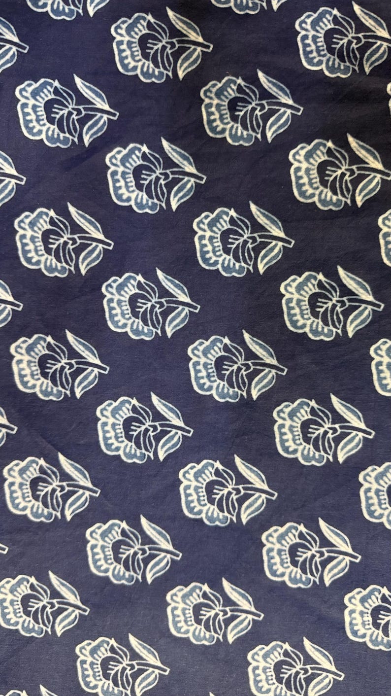 May include: A navy blue fabric with a white floral pattern. The flowers are stylized and have a slightly faded look.