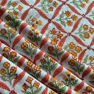 Floral Print Cambric Fabric: Hand Block Printed Cotton Sewing Material