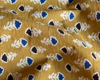 Floral Block Print Cotton Fabric: Goldenrod, Black, Blue - By The Yard
