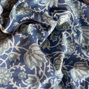 Blue Floral Hand Block Printed Cotton Fabric: Indian Fabric By The Yard