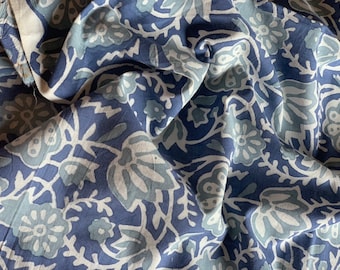 Blue Floral Hand Block Printed Cotton Fabric: Indian Fabric By The Yard