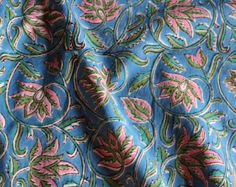 Floral Print Fabric: Indian Hand Block Printed Cotton Cambric By The Yard