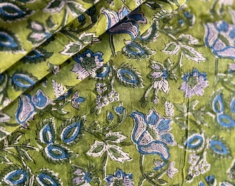 Green Floral Print Fabric By The Yard Indian Hand Block Printed Cotton Voile Fabric, Sewing Clothing Fabric Quilting and Crafting Fabric