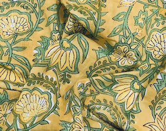 Mustard Yellow Floral Cotton Fabric, Green Botanical Hand Block Print, Indian Fabric by the Yard, Sewing Quilting Dressmaking Textile