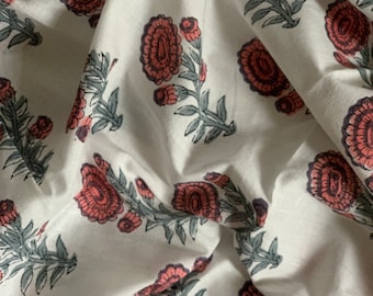 Hand Block Print Cotton Fabric, Red Gray Indian Textile, Boho Sewing Quilting Home Decor
