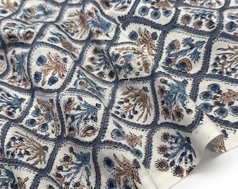 Floral Hand Block Print Cotton Fabric, Pale Blue Indian Fabric