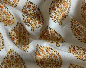 Yellow Floral Block Print Cotton Fabric: Indian Fabric By The Yard
