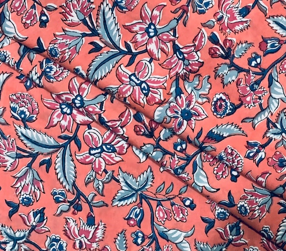 Hand Block Printed Cotton Fabric: Floral Print, Lightweight Indian Fabric