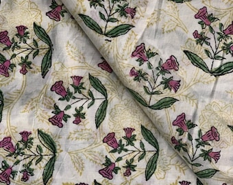 Hand Block Printed Cotton Fabric: Green Floral Print By The Yard
