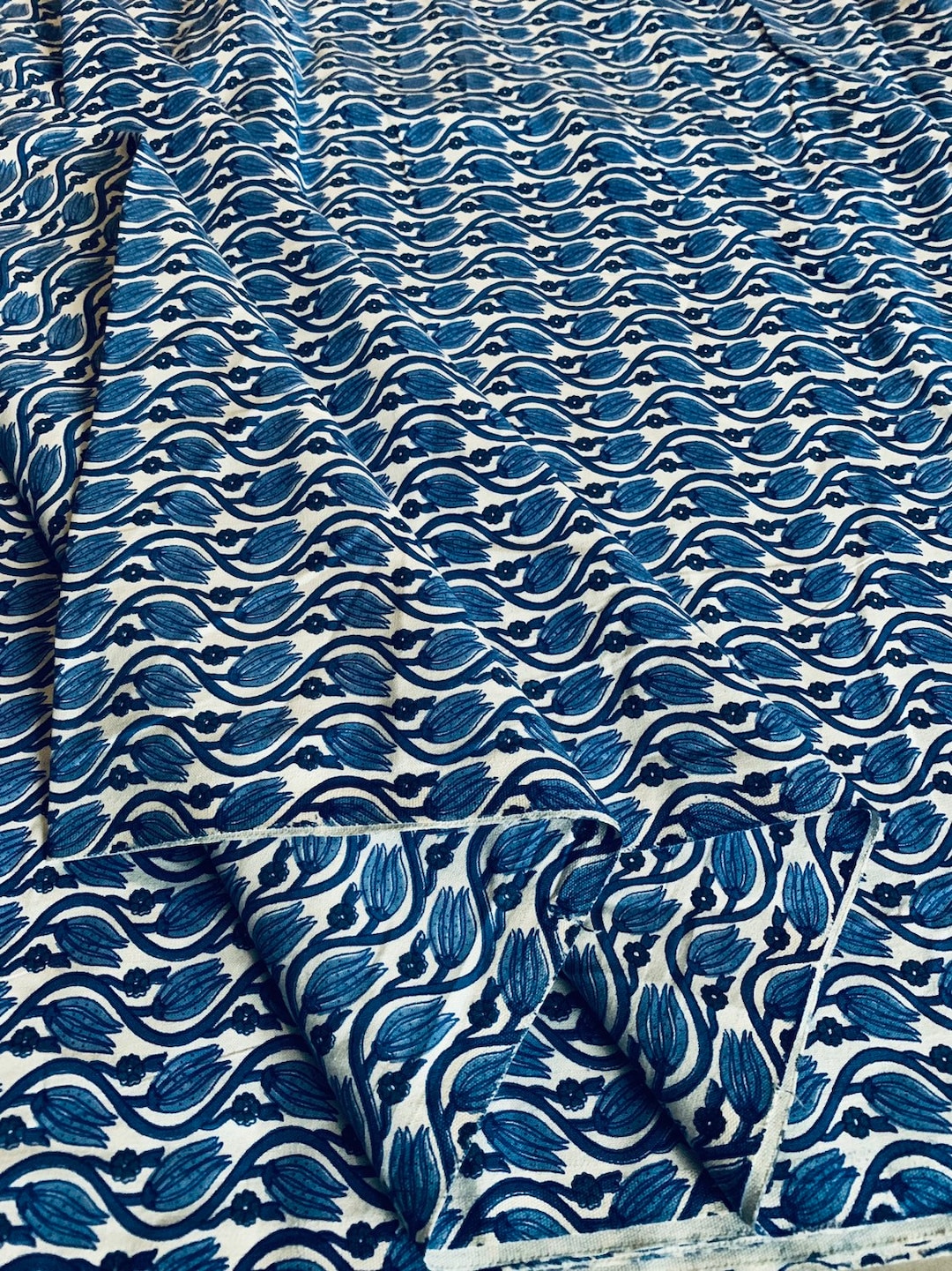 Floral Block Print Cotton Fabric: Blue Tulip Upholstery, Tablecloth - Etsy