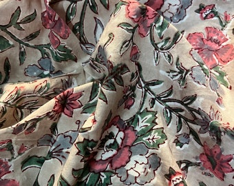 Tela de algodón color tostado con estampado floral en bloques: Estampado Sanganeri