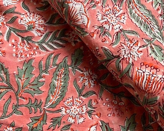 Block Printed Cotton Fabric: Salmon Floral Print, Sewing Fabric By The Yard