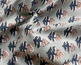 Gray Floral Hand Block Print Cotton Fabric, Indian Vegetable Dye Textile, Dressmaking Sewing Material