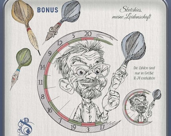 JD Play Darts - Dartboard with caricature and bonus darts CA 20 embroidery file
