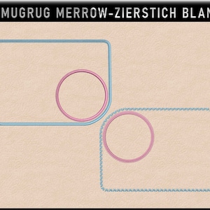 May include: Two blank embroidery designs for a mug rug. The top design is a light blue rectangle with a pink circle inside. The bottom design is a light blue rectangle with a pink circle inside and a zig-zag border.