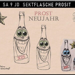 Könnte beinhalten: Eine handgezeichnete Illustration einer Champagnerflasche mit einem lächelnden Gesicht und der Jahreszahl 2025 darauf. Der Text "Prost Neujahr" steht über der Flasche. Die Illustration ist in Schwarzweiß auf einem hellbraunen Hintergrund.