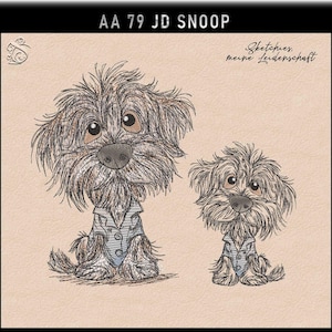 Puede incluir: Dos retratos bordados de perros. El perro más grande tiene un pelaje marrón y canela desgreñado, con una camisa azul abotonada. El perro más pequeño tiene una apariencia similar. El texto "AA 79 JD SNOOP" está en la parte superior, y "Sketches, meine Leidenschaft" está escrito en cursiva.