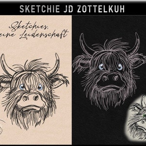May include: An illustration featuring a Highland cow with a shaggy coat, large horns, and blue eyes. The image is split, with the cow on a beige background on the left and a black background on the right. Text at the top reads "SKETCHIE JD ZOTTELKUH".