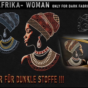 Puede incluir: Diseño bordado de una mujer africana con un turbante estampado y joyas. El diseño es en rojo, naranja y blanco, y es adecuado para telas oscuras. El texto "AFRIKA - WOMAN ONLY FOR DARK FABRIC" está en la parte superior de la imagen. El texto "NUR FÜR DUNKLE STOFFE!!!" está en la parte inferior de la imagen.