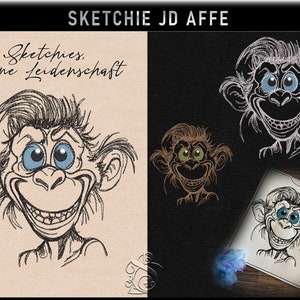 May include: A black and white line drawing of a monkey with a mischievous grin. The monkey has a large, expressive nose and big, round eyes. The drawing is titled "Sketches. meine Leidenschaft" and "SKETCHIE JD AFFE".