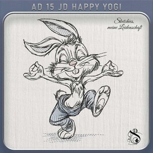 Könnte beinhalten: Ein Stickmuster mit einer schwarzen Strichzeichnung eines Hasen in Yoga-Pose mit geschlossenen Augen und erhobenen Armen. Der Text AD 15 JD HAPPY YOGI steht oben, darunter steht Sketchies, meine Leidenschaft.