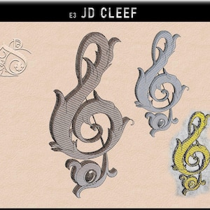 Könnte beinhalten: Ein stilisiertes Violinschlüssel-Design in drei verschiedenen Farben: Grau, Silber und Gold. Das Design ist filigran und detailliert, mit einem floralen Motiv.