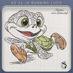 Könnte beinhalten: Ein Stickmuster mit einer Cartoon-Schildkröte mit großen grünen Augen, rotem Mund und grünem Panzer, die orangefarbene Turnschuhe trägt. Der Text AD 24 JD RUNNING LUZIE und Sketchies, meine Leidenschaft ist zusammen mit einem Logo sichtbar.