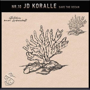 May include: A sketch of coral on a beige background. The coral is drawn in black ink, with the text "NR.10 JD KORALLE SAVE THE OCEAN" at the top. Additional text reads "Sketches, meine Leidenschaft".