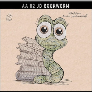 Puede incluir: Un diseño bordado con un gusano de libro de dibujos animados con ojos grandes, una pila de libros y el texto "AA 82 JD BOOKWORM". El gusano de libro es verde y marrón, con el texto "Sketches, meine Leidenschaft".