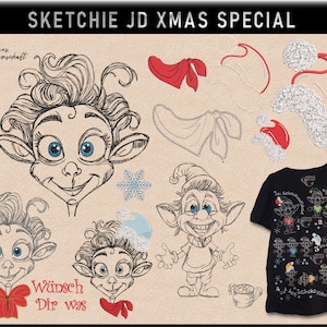 May include: A black t-shirt with a Christmas-themed design featuring multiple illustrations of elves wearing Santa hats and holding mugs. The text "Wünsch Dir was" is written in German on the shirt.