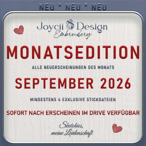 Könnte beinhalten: Eine quadratische Grafik mit strukturiertem weißem Hintergrund und dunkelblauem Rand. Sie enthält den Text Joycii Design Embroidery, MONATSEDITION, SEPTEMBER 2026 sowie weiteren deutschen Text, akzentuiert durch zwei kleine rote Herzen und den Schriftzug Sketchies, meine Leidenschaft.