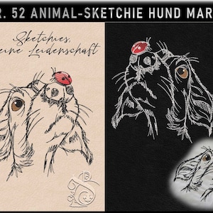 May include: A black and white line drawing of a dog's head with a red ladybug on its nose. The drawing is on a beige background. The text "Sketches, meine Leidenschaft" is written in black above the dog.