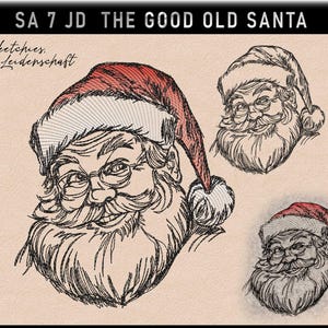 Könnte beinhalten: Eine Schwarzweiß-Zeichnung von Santa Claus mit roter Mütze und Bart. Die Zeichnung ist im Vintage-Stil gehalten und wirkt verspielt. Der Text "SA 7 JD THE GOOD OLD SANTA" befindet sich oben im Bild.