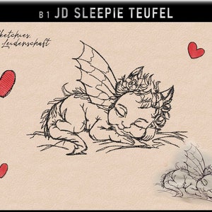 May include: A black and white line drawing of a sleeping fairy with wings, a flower crown, and horns. The fairy is lying on its side with its head resting on its arm. The drawing is on a beige background with red hearts.