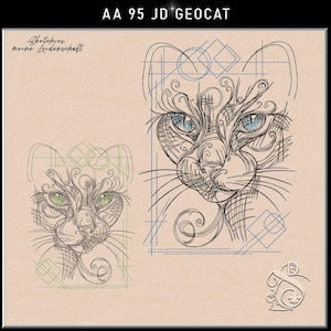 May include: Two detailed cat face sketches with geometric accents. One cat has blue eyes, the other green. The text "AA 95 JD GEOCAT" is at the top, and "Sketches, meine Leidenschaft" is in the upper left corner.