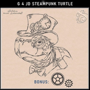 Könnte beinhalten: Eine Schwarz-Weiß-Skizze einer Schildkröte mit einem Steampunk-Zylinder mit Uhr und Zahnrädern. Die Schildkröte hat eine Fliege und ein Monokel. Das Bild enthält den Text "G 4 JD STEAMPUNK TURTLE", "Sketches, meine Leidenschaft" und "BONUS:" mit zwei Zahnradillustrationen.