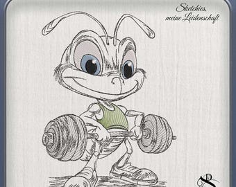 JD Ameise Otto Stickdatei | Fitness Ameise | Sketchiestyle | Joycii Design-AD 20 -Tierischer Sportkalender