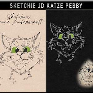 Puede incluir: Un dibujo en blanco y negro de un gato con la lengua verde fuera. El gato está mirando hacia la derecha. El texto "Sketches, meine Leidenschaft" está escrito en negro encima del gato.